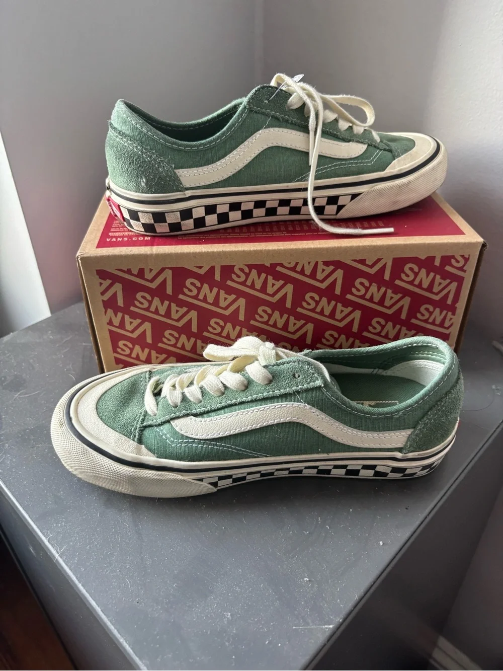 Vans Green Canvas Old Skool Sneakers with White Stripe and Checkerboard Midsole